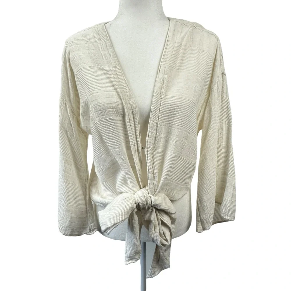 NSF Off‎ White X-Small P Long Sleeve Cardigan Wrap Top Textured Hook & Eye Tie